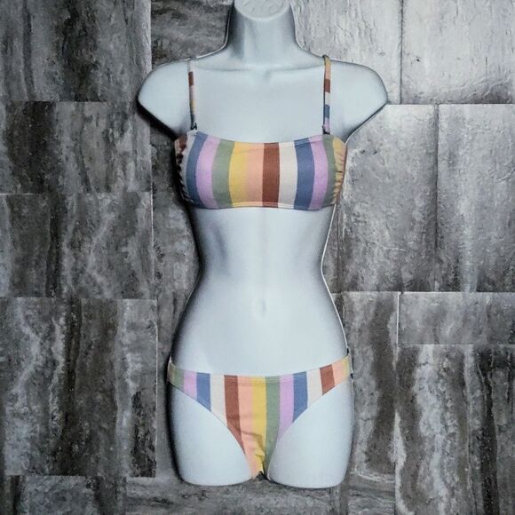Fun Xhilaration Two Piece Swim Suit Bikini Color Block Ribbed Striped Size Small - Picture 1 of 12